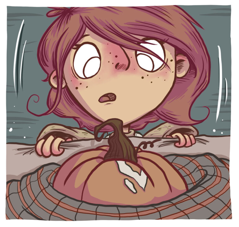 Squashed girl and pumpkin