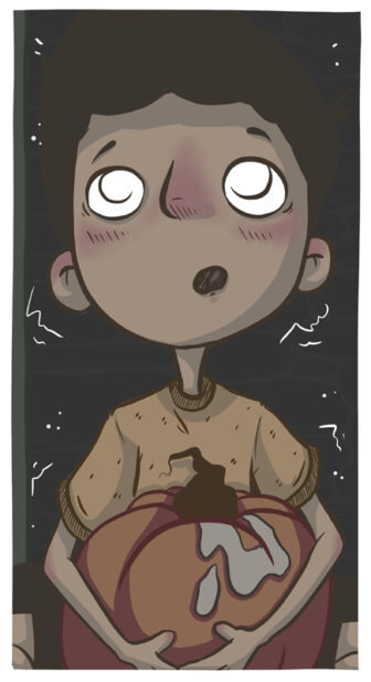 Squashed boy and pumpkin