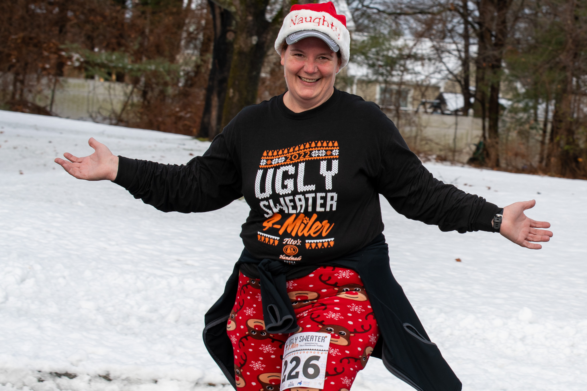 Heather Dogtaylor with her "naughty" hat and official race day Ugly Sweater. Photo/Stacy Harrison
