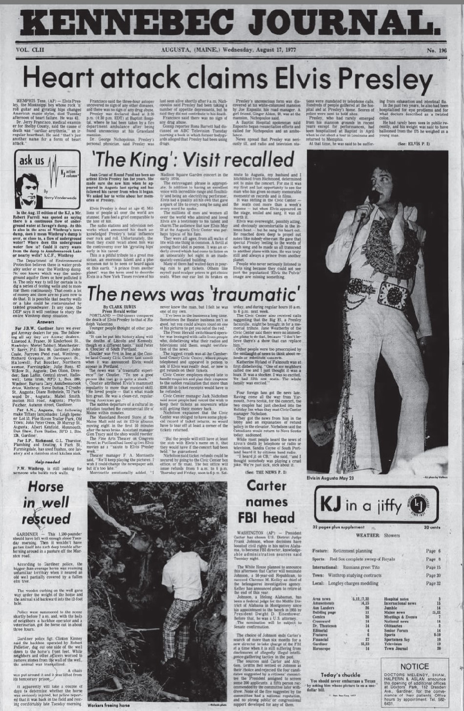 Elvis Presley’s death filled most of the front page of Maine’s daily newspaper. It was front page news across the country, but he’d made the only Maine appearance of his career in the city just 12 weeks before. 