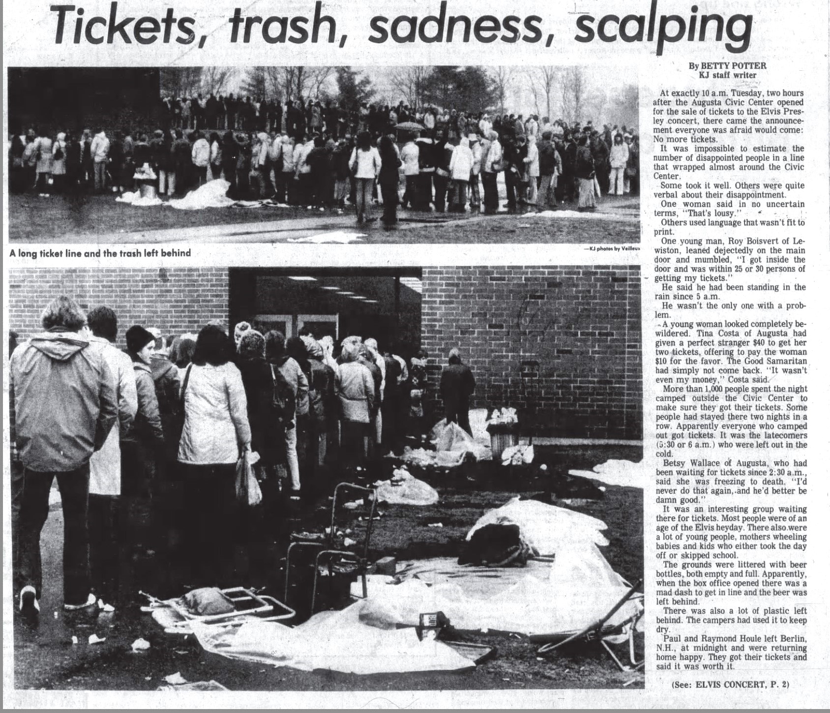 A March 30, 1977, Kennebec Journal front page story sums up the aftermath of the Elvis Presley ticket sale. (Kennebec Journal image)