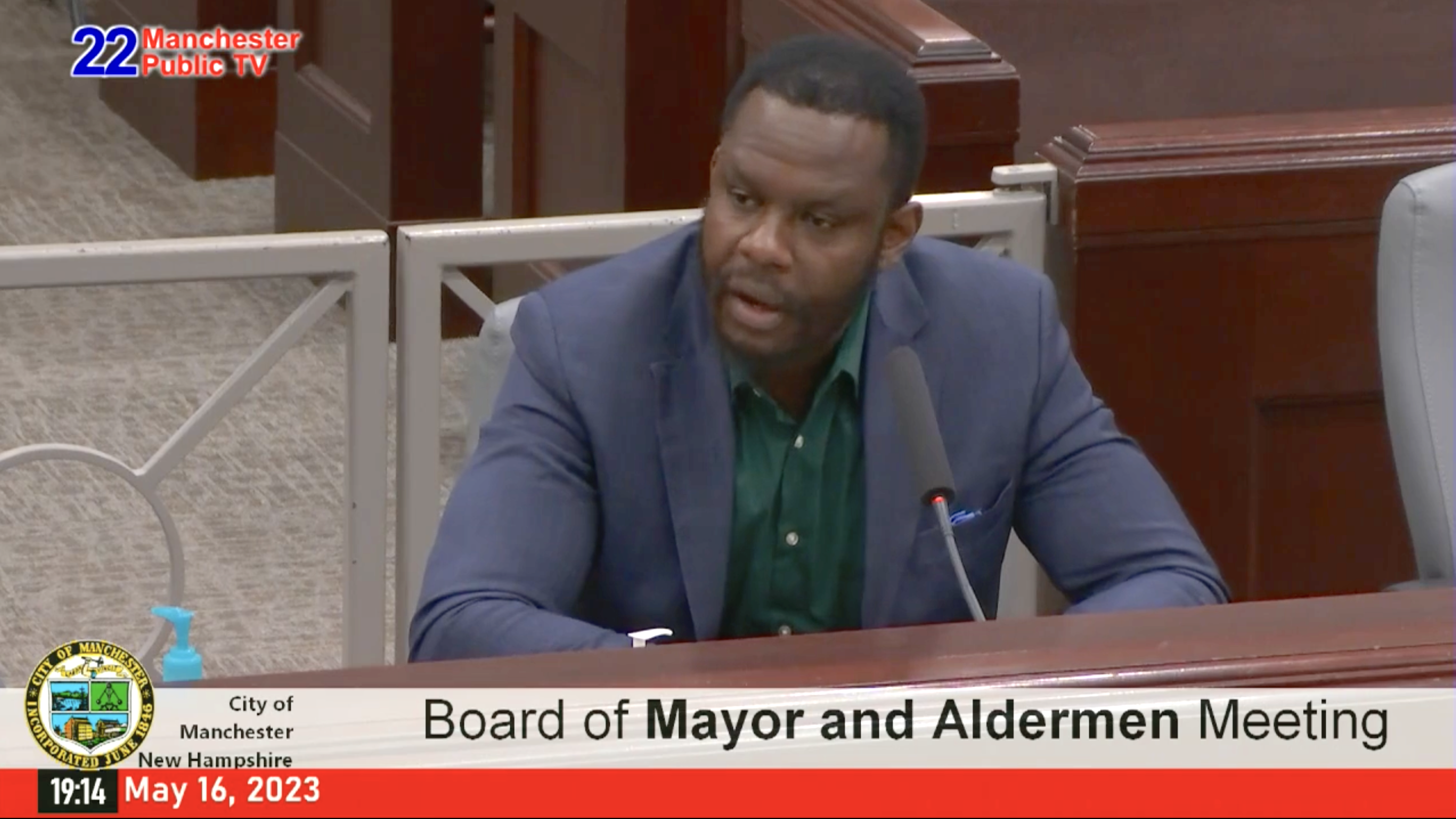 Arnold Mikolo of the Conservation Law Foundation address the Board of Mayor and Aldermen about led poisoning during the May 16, 2023 meeting. Screenshot/MPTV