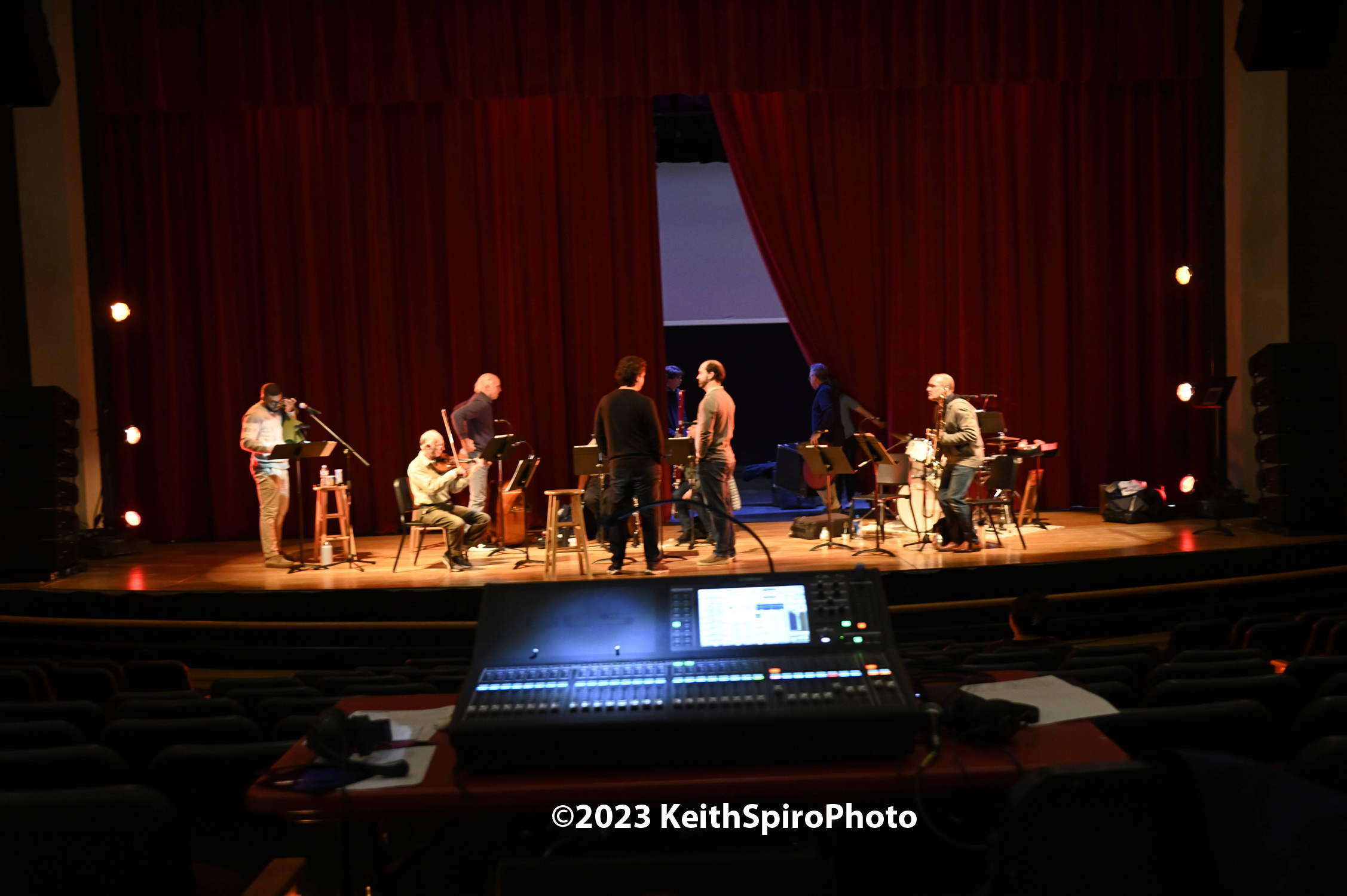 musicians on stage rehearing A FIddler's Tale. photo by Keith Spiro