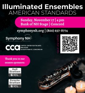 Illuminated ensemble image of saxaphone and symphonyNH logo