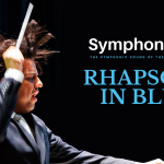 image of conductor Roger Kalia in poster advertising concert Rhapsody in Blue.