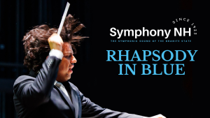 image of conductor Roger Kalia in poster advertising concert Rhapsody in Blue.