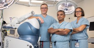 Elliot provicers, From left, orthopedic surgeon Dr. Bryan Lawless, MD, trauma surgeon Dr. Rajan Gupta, MD, and pediatric surgeon Dr. Elizabeth Soukup, MD, MMSc.