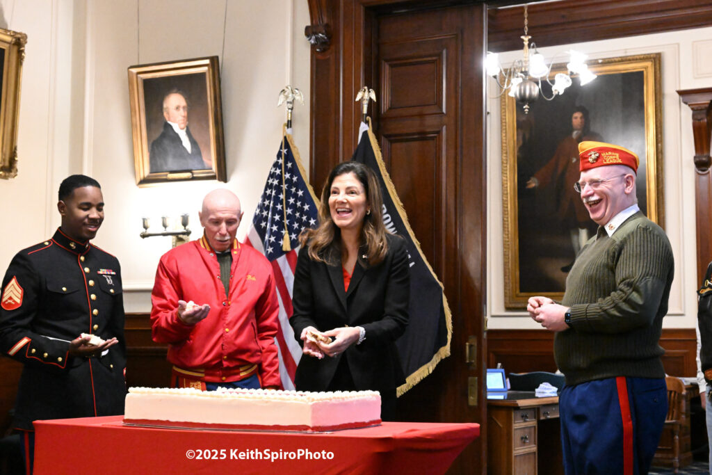 Photo by Keith Spiro depicting oldest and youngest Marine present at the cake ceremony 250th Birthday of the USMC.
